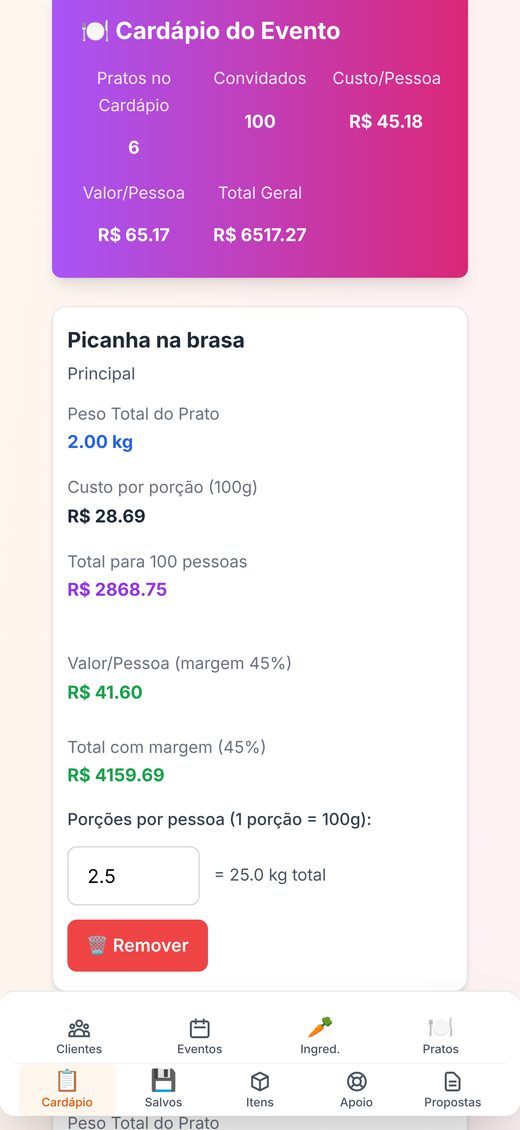 Cardápio do evento no app